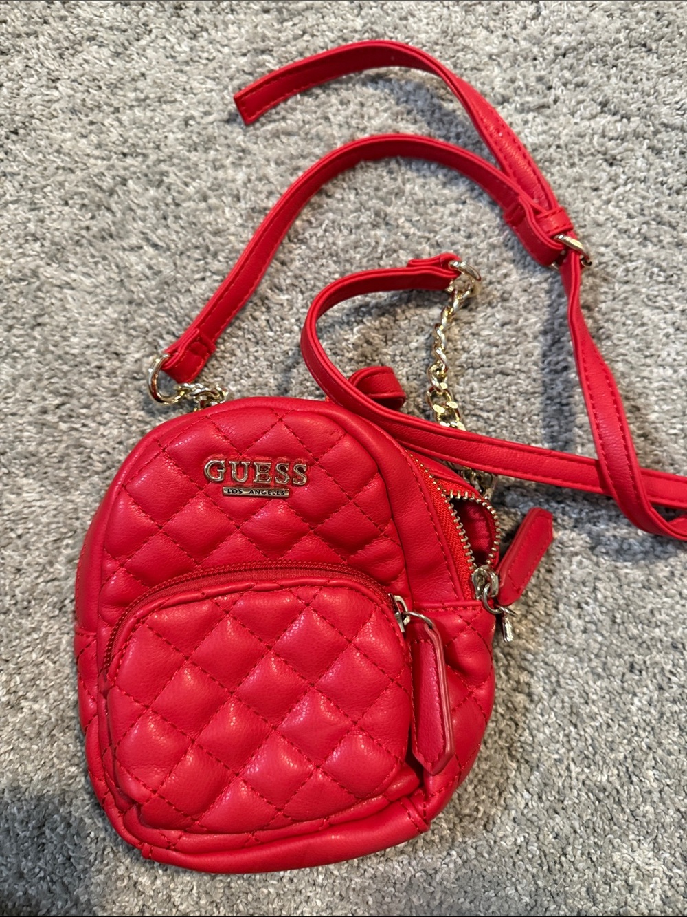 Guess Quilted Mini Crossbody Bag in Bright Red with Gold Hardware